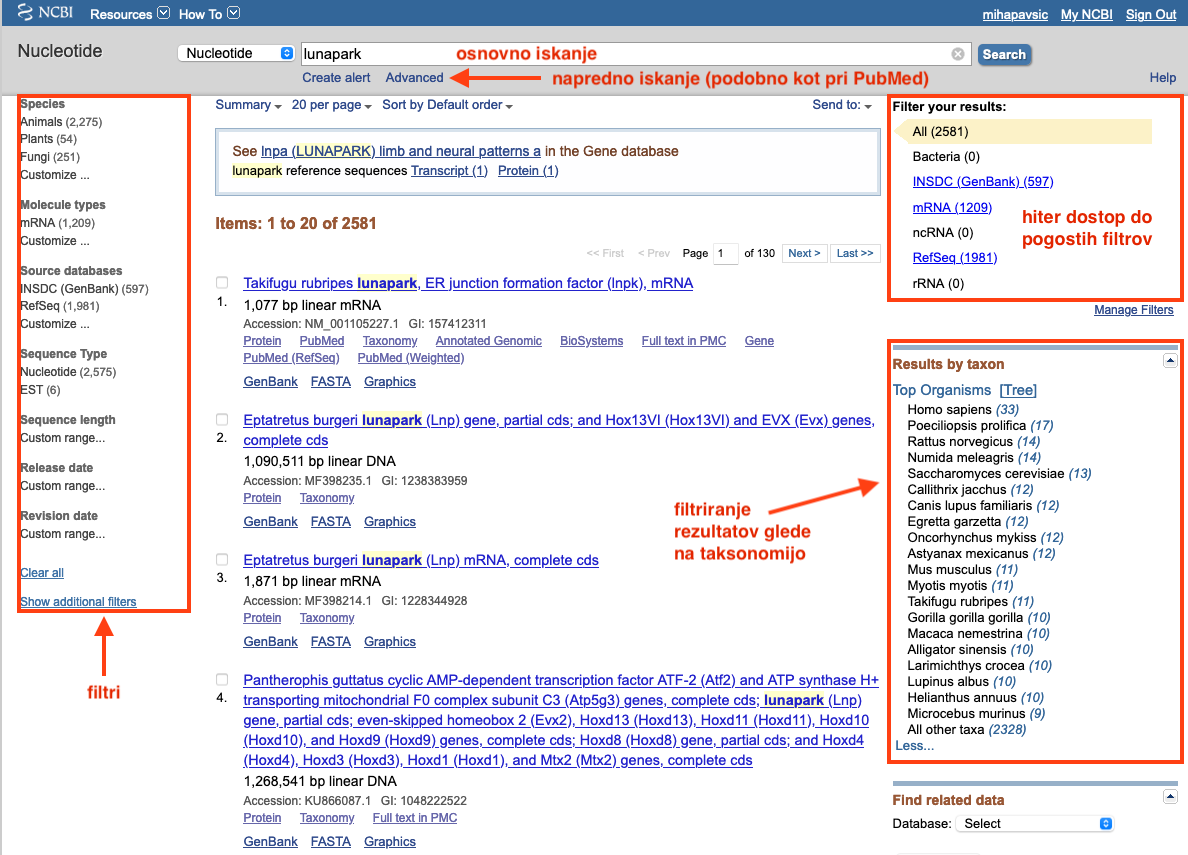GenBank iskanje in filtriranje