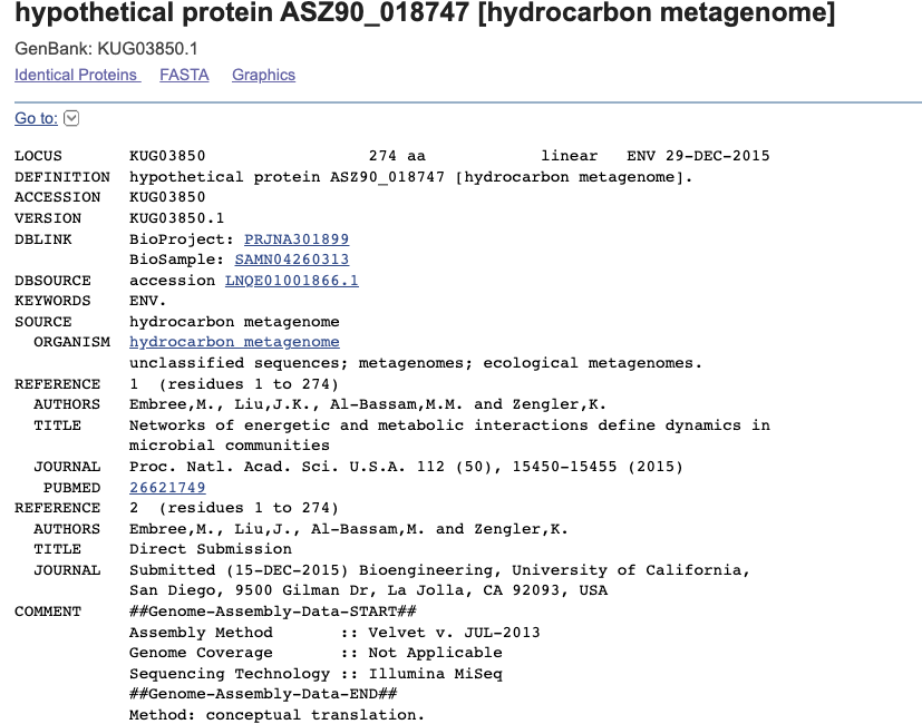 GenBank zapis za hipotetični protein ASZ90_018747 1