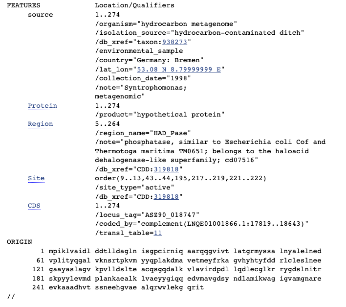 GenBank zapis za hipotetični protein ASZ90_018747 2